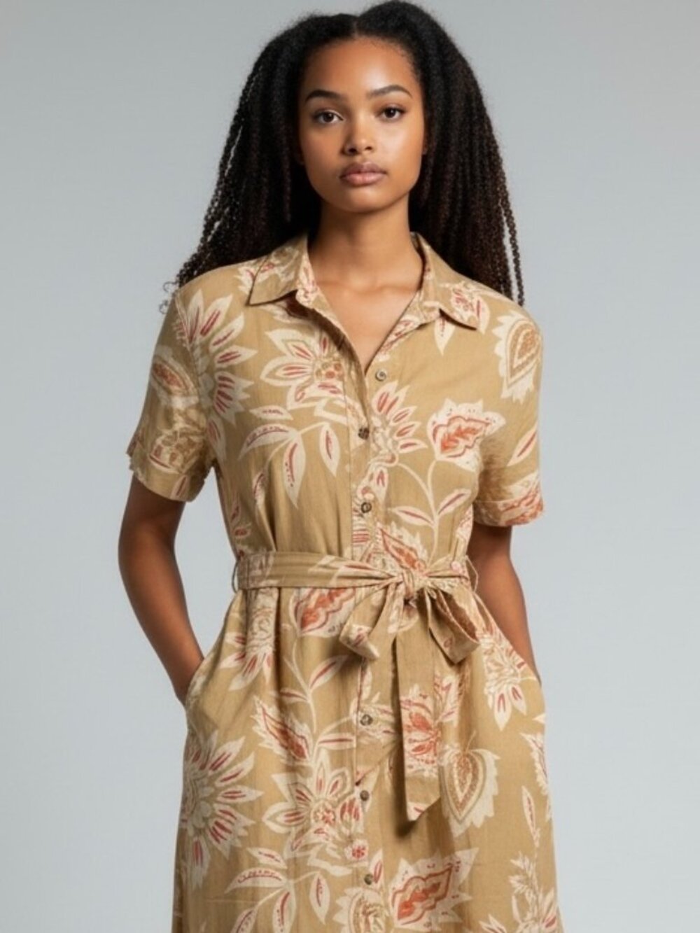 Easel Brand Women's Khaki Tan Floral Midi Dress with Pockets - Large